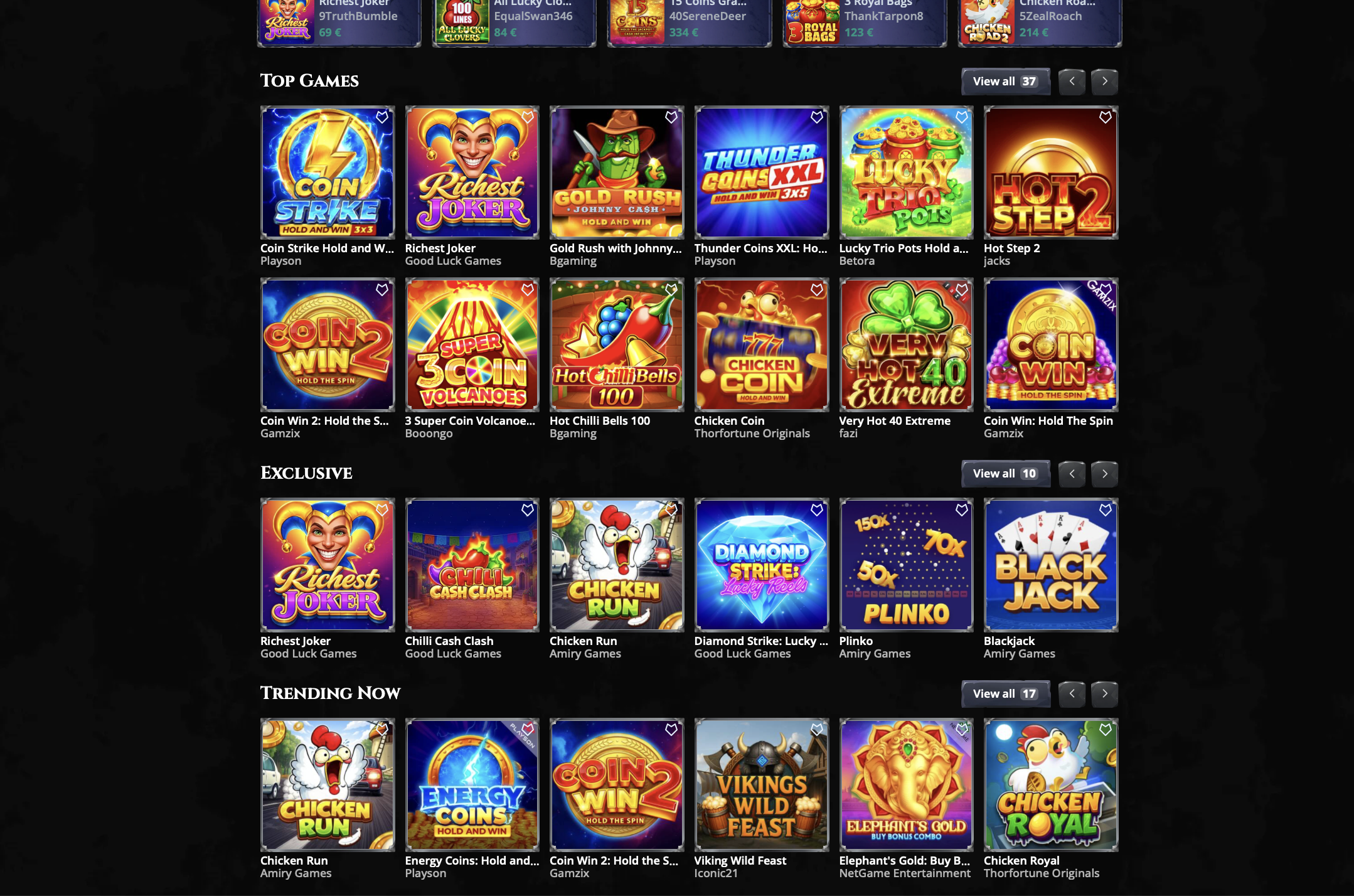 Spielbibliothek von Thor Fortune Casino mit den Bereichen Top Games, Exclusive und Trending Now