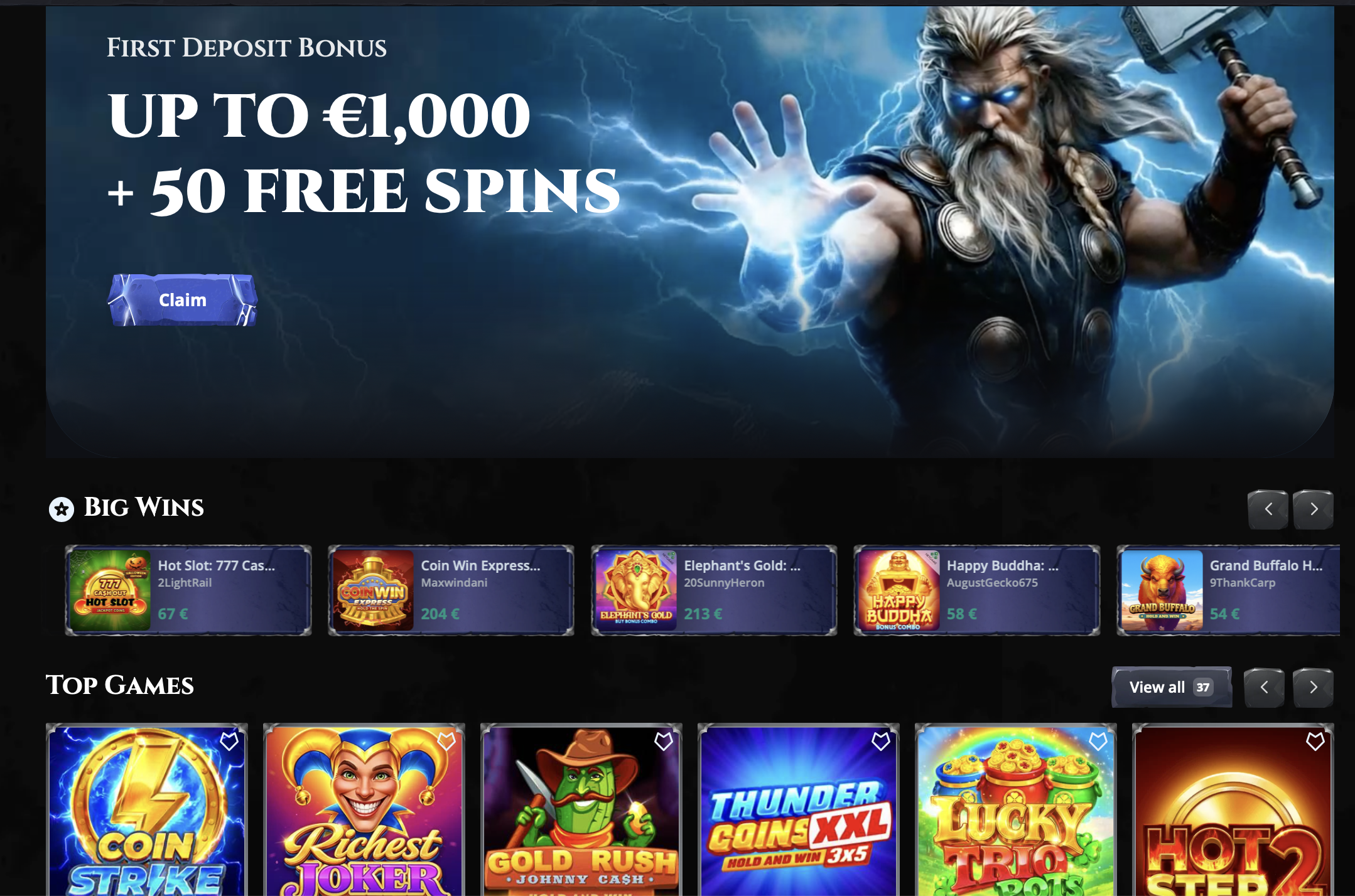 Startseite von Thor Fortune Casino mit Willkommensbonus und hervorgehobenen Spielen